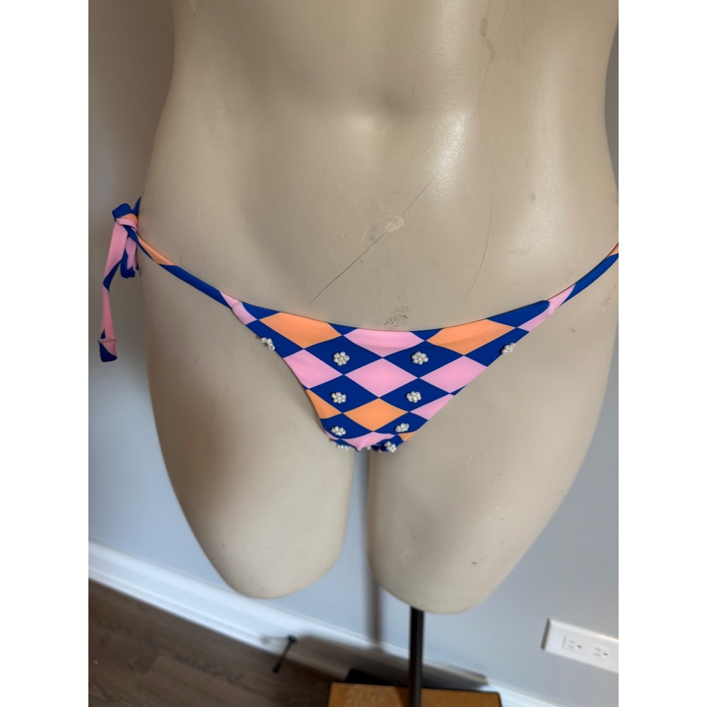 Maaji Harlequin Diamond Pearl Embellished Side Tie Bikini Bottom Blue Pink S